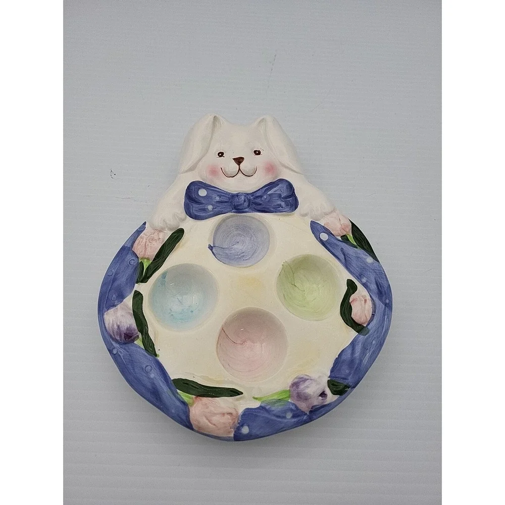 Vtg Hand-Painted Easter Bunny Ceramic Deviled Egg Holder Rabbit Candy‎ Dish 539